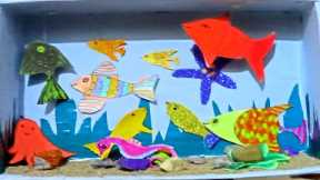 DIY Fish Aquarium from cardboard box | DIY School Project | Cardboard box craft ideas | Aadi and Avi