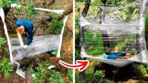 Awesome Bushcraft Tent Made From Plastic Wrap || Camping Hacks And Survival Tips