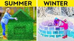 SUMMER HOUSE vs WINTER HOUSE || Huge Backyard Crafts