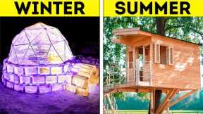 WINTER ICE IGLOO VS. SUMMER TREEHOUSE || Cheap And Giant DIY House Crafts From Wood, Ice And Clay