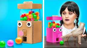 DIY CARDBOARD HACKS WITH WEDNESDAY ADDAMS || DIY Candy Dispenser! Parents Tricks By 123 GO! TRENDS