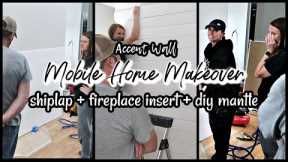 MOBILE HOME MAKEOVER | BUILDING AN ACCENT WALL | SHIPLAP + FIREPLACE INSERT + DIY CHUNKY MANTLE